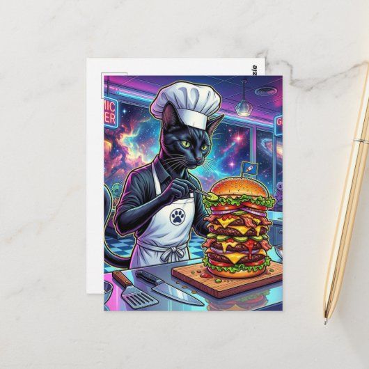 Carte Postale Joli Chat Cuisinier Réalisant un Burger Géant (Devant/Arrière en situation)