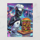 Carte Postale Joli Chat Cuisinier Réalisant un Burger Géant (Devant)