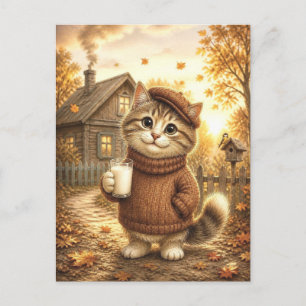 Carte Postale Joli Chat d'Automne en Pull Tenant un Verre de Lai