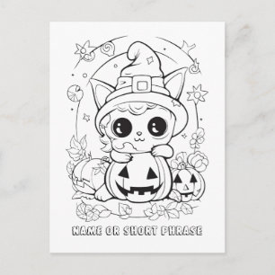 Carte Postale Joli Chat d'Halloween à Colorier