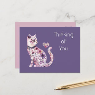 Carte Postale Joli Chat Floral aux Cœurs Roses Violettes Roses