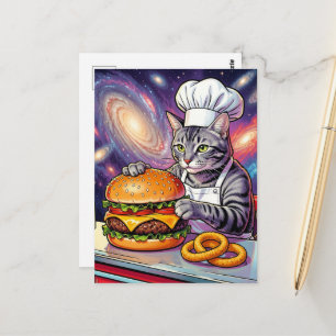 Carte Postale Joli Chat Gris Tabby Chef Préparant un Cheeseburge