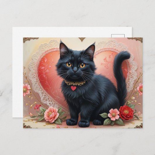Carte Postale Joli chat noir avec des fleurs  (Devant / Derrière)