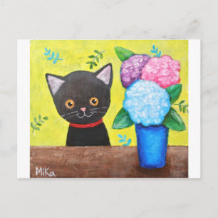 Carte Postale Joli chat noir avec fleurs art folklorique de chat