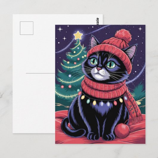 Carte Postale Joli chat noir Kitty Noël hiver vacances (Devant / Derrière)