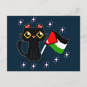 Carte Postale joli chat noir tenant le drapeau de la Palestine