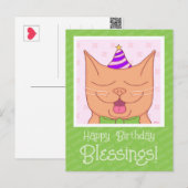Carte Postale Joli Chat Orange Avec Chapeau D'Anniversaire Bénéd (Devant / Derrière)