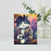 Carte Postale Joli Chat Pirate Avec un Café (Debout devant)