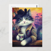 Carte Postale Joli Chat Pirate Avec un Café (Devant / Derrière)