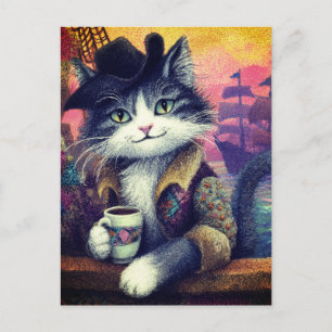 Carte Postale Joli Chat Pirate Avec un Café