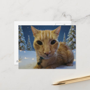 Carte Postale Joli Chat Roux Adorable Forêt d'Hiver