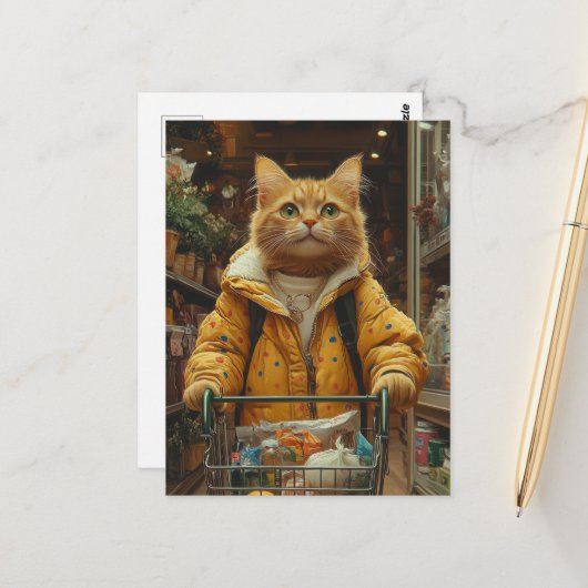 Carte Postale Joli Chat Roux Faisant des Courses (Devant/Arrière en situation)