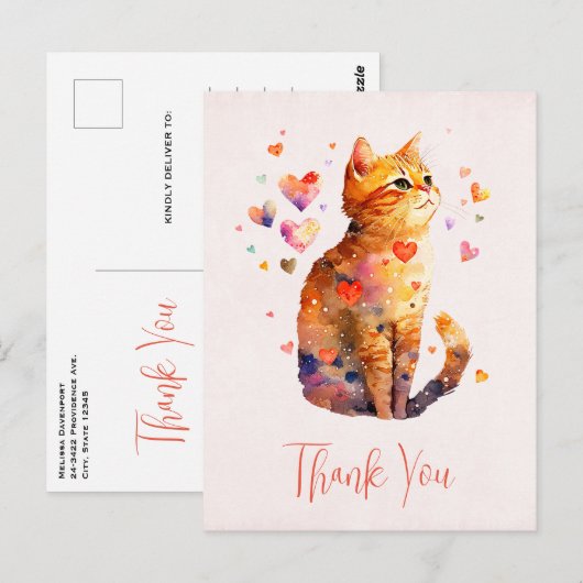 Carte Postale Joli chat tigré avec des cœurs Merci (Devant / Derrière)