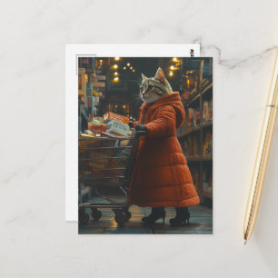 Carte Postale Joli chat tigré faisant des courses
