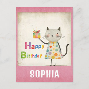 Carte Postale Joli Chat Vintage Coloré Joyeux Anniversaire