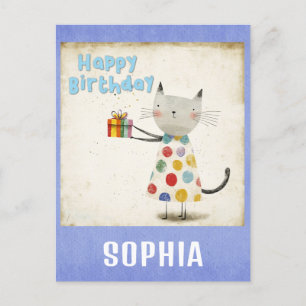 Carte Postale Joli Chat Vintage Coloré Joyeux Anniversaire