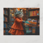 Carte Postale Joli Chaton en Robe Orange Faisant des Courses (Devant)