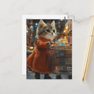 Carte Postale Joli Chaton Faisant des Courses