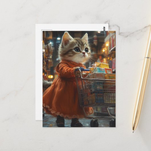 Carte Postale Joli Chaton Faisant des Courses (Devant/Arrière en situation)
