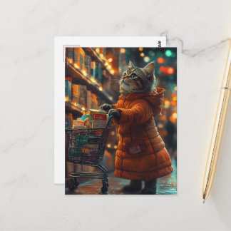 Carte Postale Joli chaton habillé en orange faisant des courses 