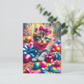 Carte Postale Joli chaton jouant avec des nœuds et des rubans d' (Debout devant)