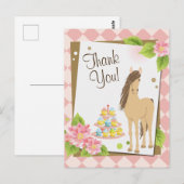 Carte Postale Joli cheval Brown et Merci de fleurs roses (Devant / Derrière)