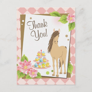 Carte Postale Joli cheval Brown et Merci de fleurs roses