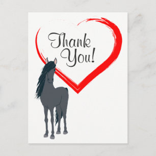 Carte Postale Joli cheval noir et Merci de coeur rouge