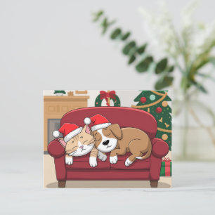 Carte Postale joli chien chat père noël chapeau noël