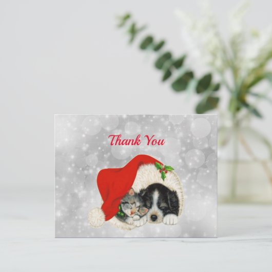 Carte Postale Joli Chien Chat Père Noël Chapeau Noël Merci (Debout devant)