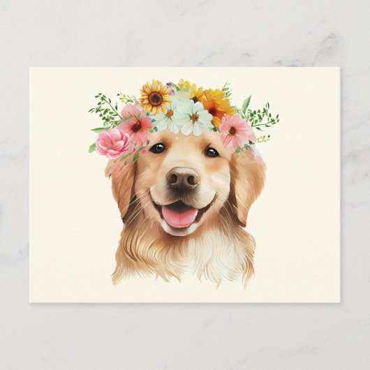 Carte Postale Joli chien Retriever doré avec des fleurs  (Devant)