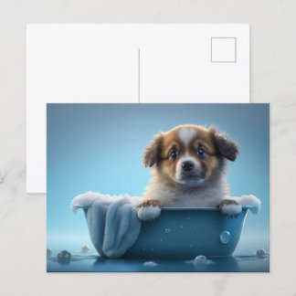 Carte Postale Joli chiot dans Bain Bleu