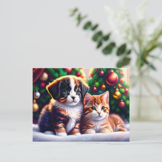 Carte Postale Joli chiot et chat sous l'arbre de Noël (Debout devant)