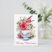Carte Postale Joli Christmas Bird Holly Floral Teacup Tea (Debout devant)