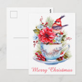 Carte Postale Joli Christmas Bird Holly Floral Teacup Tea (Devant / Derrière)