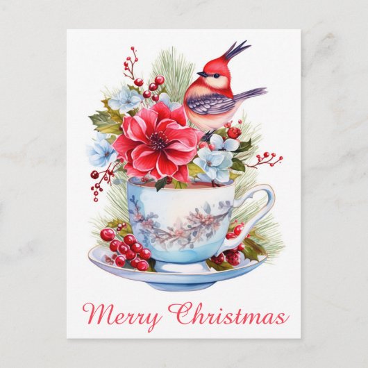 Carte Postale Joli Christmas Bird Holly Floral Teacup Tea (Devant)