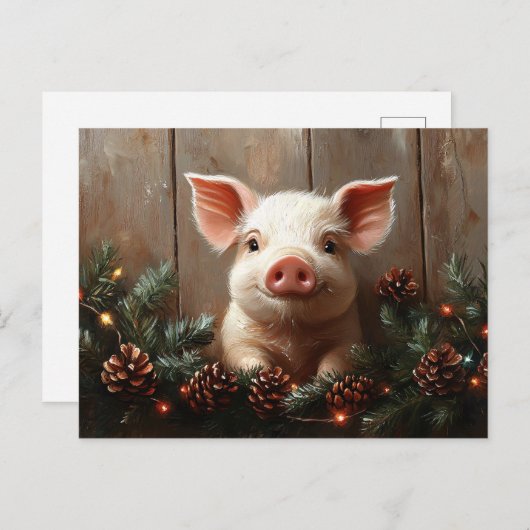 Carte Postale Joli Cochon de Noël Peinture rustique (Devant / Derrière)