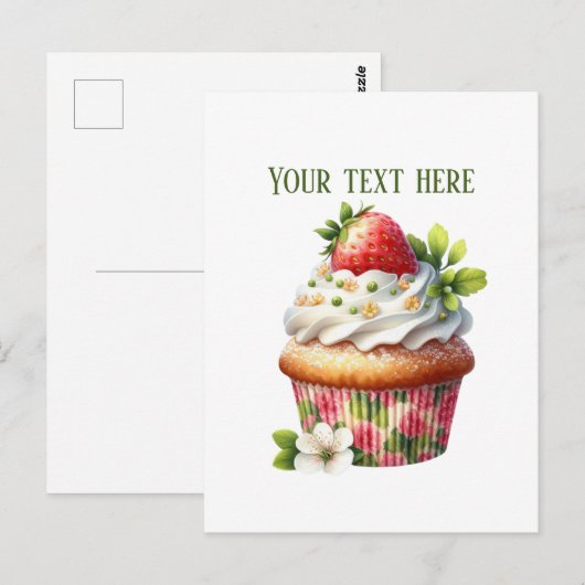 Carte Postale Joli cupcake aux fraises ajouter un message nom de (Devant / Derrière)