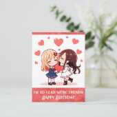 Carte Postale Joli dessin animé joyeux anniversaire ami cœurs (Debout devant)