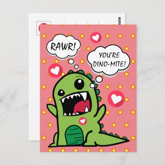 Carte Postale Joli Dinosaure Rose Dino Mite Enfants Bonjour (Devant / Derrière)