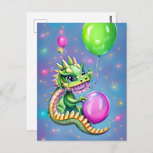 Carte Postale Joli dragon d'anniversaire avec ballons (Devant / Derrière)