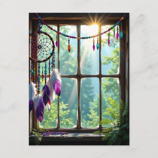 Carte Postale Joli Dreamcatcher violet dans la fenêtre (Devant)