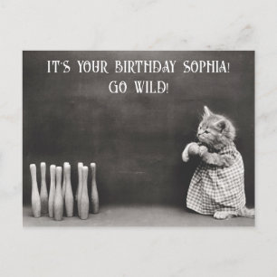 Carte Postale Joli drôle vintage anniversaire chat bowling