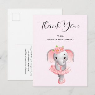 Carte Postale Joli Éléphant Ballerine Rose & Gris Merci