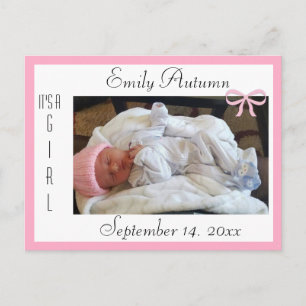 Carte Postale Joli Faire-part de naissance rose et blanc
