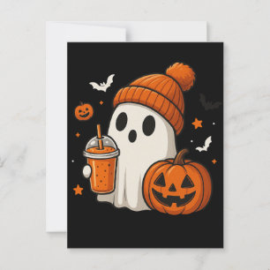 Carte Postale Joli fantôme d'Halloween avec citrouille et boisso