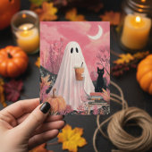 Carte Postale Joli fantôme rose et chat noir