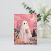 Carte Postale Joli fantôme rose et chat noir (Debout devant)