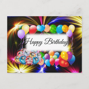 Carte Postale Joli, Feux d'artifice colorés, Ballons, Anniversai