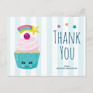 Carte Postale Joli gâteau bleu avec un visage Kawaii pour remerc